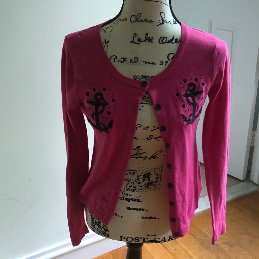 Sourpuss Hot Pink Button-Front Cardigan with Anchor Embroidery
